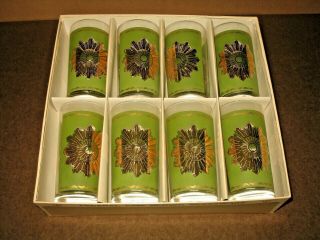 Set Of 8 Vintage Federal Atomic Sunburst Green & Gold 6 3/4 " Glasses Mib 1966