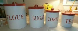 Vintage - Antique Style - Red And White Canister Set With Tray And Ice Bucket