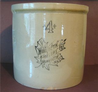 C1900 Antique " Monmouth Pottery Co.  " Stoneware Crock 4 Gal.