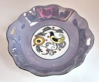 Vintage Meito China Blue Hand Painted Luster Ware Small Bowl Bird Motif Japan
