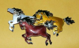Vintage " 925 " Sterling Silver W/ Enamel Ornate " Horses " Pin Brooch For Repair
