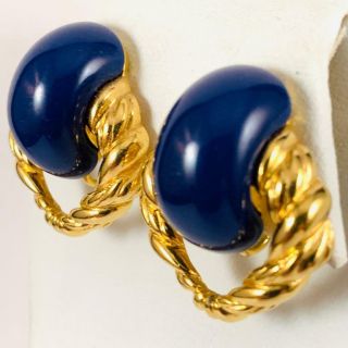 Vintage Trifari Navy Blue Enameled Gold Tone Clip On Earrings 2jy4