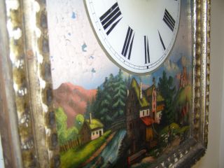 Reverse painted antique two weight German clock 30 hour T&S glass dial,  runs 3