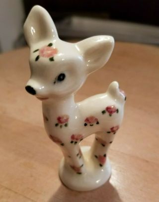 Vintage White Deer Figurine Ceramic Porcelain Fawn Hand Painted Flowers 3 " Tall