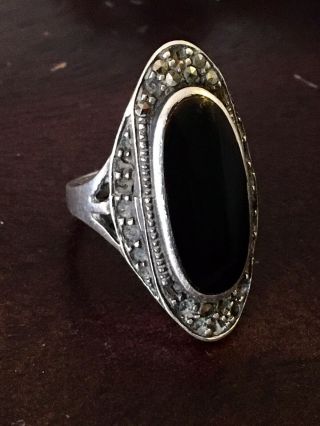 Vintage Art Deco 925 Sterling Silver Onyx Marcasite 1 1/4” Ring Size 6,  7g Read