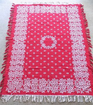 Vintage Red Woven Tablecloth Fringe 52 X 68 Floral