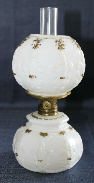 Antique Fleur De Lis Milk Glass Miniature Oil Lamp W/ Matching Shade Complete