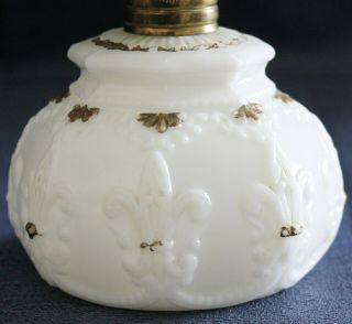 Antique FLEUR DE LIS Milk Glass MINIATURE OIL LAMP w/ Matching Shade COMPLETE 2