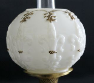 Antique FLEUR DE LIS Milk Glass MINIATURE OIL LAMP w/ Matching Shade COMPLETE 3