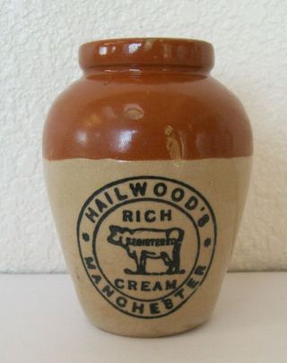 Vintage Manchester England Hailwood’s Dairy Rich Cream Stoneware Jar W/ Cow
