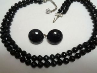 Vintage Multi 2 Strand Black Jet GLASS Beaded Necklace & DALSHEIM Earrings 3