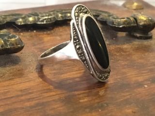 Vintage Art Deco 925 Sterling silver onyx marcasite 1” ring size 7,  4g 2