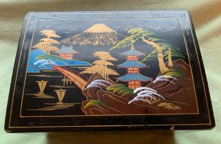 Vintage Japanese Wood Black Lacquer Painted Jewelry Music Box