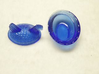 Vintage Miniature Cobalt Blue Glass Hen On Nest Trinket Salt Bowl Covered Dish 3
