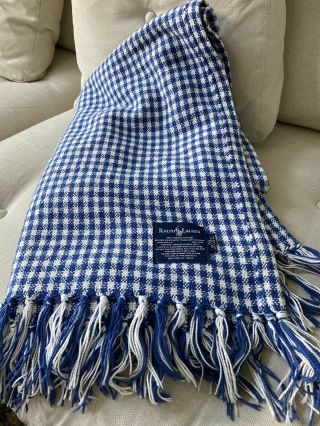 Vintage Ralph Lauren Blue Gingham Cotton Throw Blanket 54 X 72
