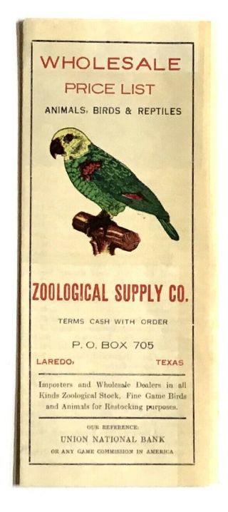 Vintage Zoological Suppy Co Price List From Laredo,  Texas