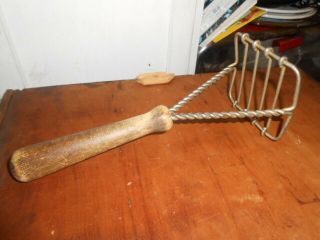 Vintage Potato Masher Wood Handle Square Twisted Wire