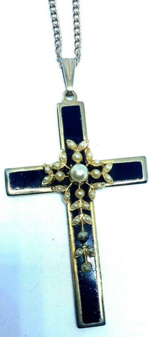 Vintage Gold Tone & Pearl Black Enamel Cross Pendant Necklace