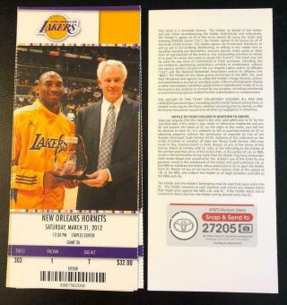 2012 Lakers Vs Hornets Ticket Kobe Bryant 3 For 21 Pau Gasol Metta Bynum Blake