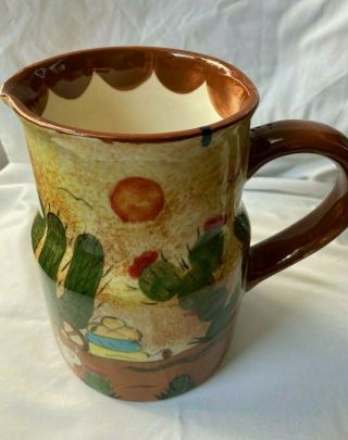 Vintage Mexican Pottery Pitcher Hand - Painted Desert Scene Cactus Sombrero Euc