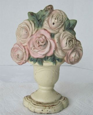 Vintage Cast Iron Door Stop Urn With Pink Roses Shabby Decor