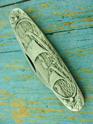 Antique Solingen Germany Hallmark Silver Viking Ship Picture Pocket Knife Knives
