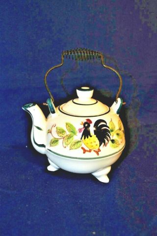 Vintage Spry Rooster Tea Pot - 2 Cup Ceramic With Wire Handle