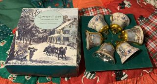 Vintage Currier And Ives Winter Scene Bell Shaped Set Of 6 Christmas Ornaments
