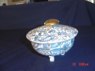 Vintage Lefton China Hand Painted Blue Paisley Bowl With Lid Ne 2716