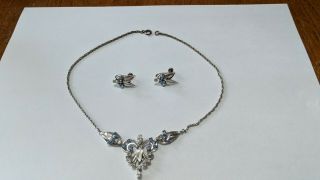 Vtg Ca Carl - Art Sterling Silver Blue & Clear Rhinestone Necklace & Earring Set
