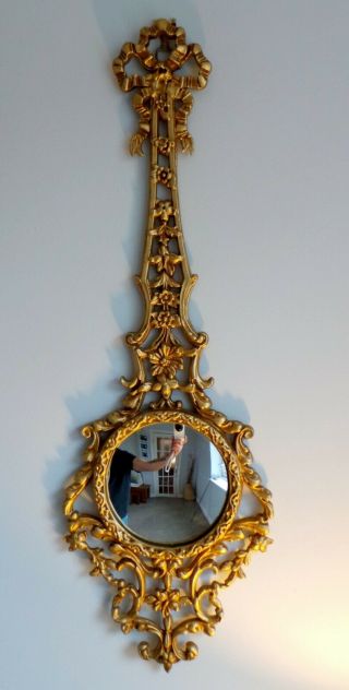 Vintage Gold Gilt Metal Pendulum Convex Mirror - Hall Mirror - Stunning 28.  75 "
