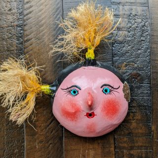 Vintage Mexican Coconut Shell Folk Art Mask Pink Lady Mother W/hair Wall Hanging
