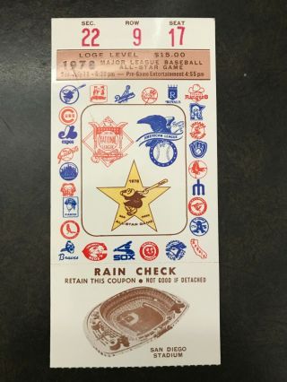 1978 All Star Major League Baseball Game Ticket Stub At San Diego Stadium