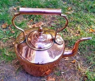 Antique Copper Kettle Teapot Victorian Acorn Lid Shiny 7 Pints With Stamping