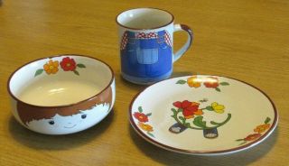 Vintage Porcelain Child ' s Breakfast/Dinner 3 piece set Plate/Cup/Bowl.  Cute 2