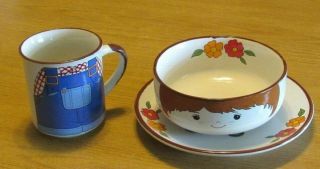 Vintage Porcelain Child ' s Breakfast/Dinner 3 piece set Plate/Cup/Bowl.  Cute 3