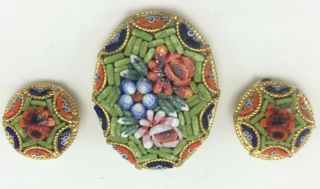 Vintage Micro - Mosaic Oval Pin Brooch & Clip Earrings Estate Multicolor Floral