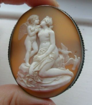 Antique Victorian Old Carved Shell Quality Cameo Jewellery Brooch Silver Mount