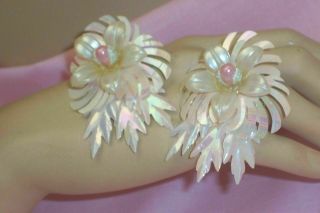 Vintage Feather Light Plastic Huge Clip On Flower Earrings Soft Pink & White