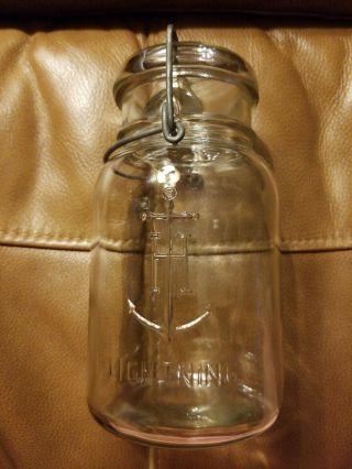 Vintage Anchor Hocking Lightening Clear Quart Jar With Glass Lid & Wire Bail