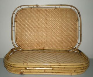 5 Vintage Bamboo Woven Rattan Wicker Tiki Bar Serving Trays 19 X 13 Pristine