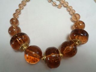 Vintage Large Amber Gold Foil Confetti Lucite Beaded Necklace