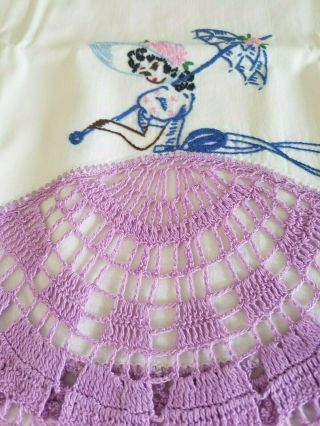 (2) Vintage White Embroidered Southern Belle Purple Crocheted Lace Pillowcases