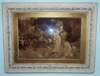 Antique Crystoleum Reverse Painting On Glass Young Women Feeding Doves