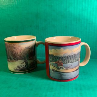 Pair Vintage Eddie Bauer Coffee Mugs Fishing Motif Fathers Day