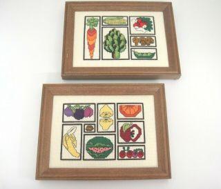 Vintage Needlepoint Pictures Of Fruits And Vegetables Framed Kitchen Wall Decor