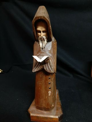 Vintage Wooden Carved Monk Priest Reading Book Bible Christian Statue