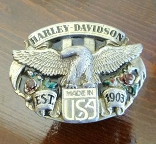 Vintage 1988 Harley Davidson Motorcycles Pewyer Belt Buckle Eagle Roses Usa