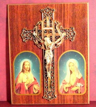 Vintage Religious Wall Plaque Cross Jesus & Mary