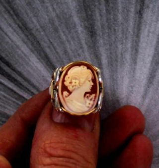 Vintage Antique Shell Cameo Ring In Sterling And Gold Wire Wrapped